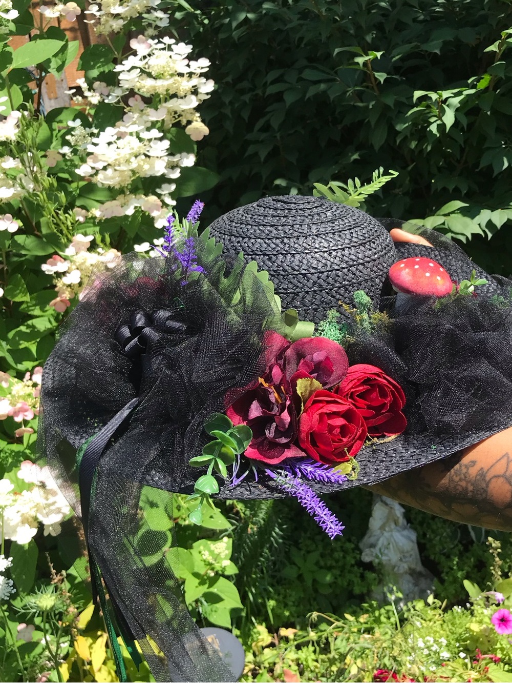 Black Witch Sun Hat with Tulle Veil